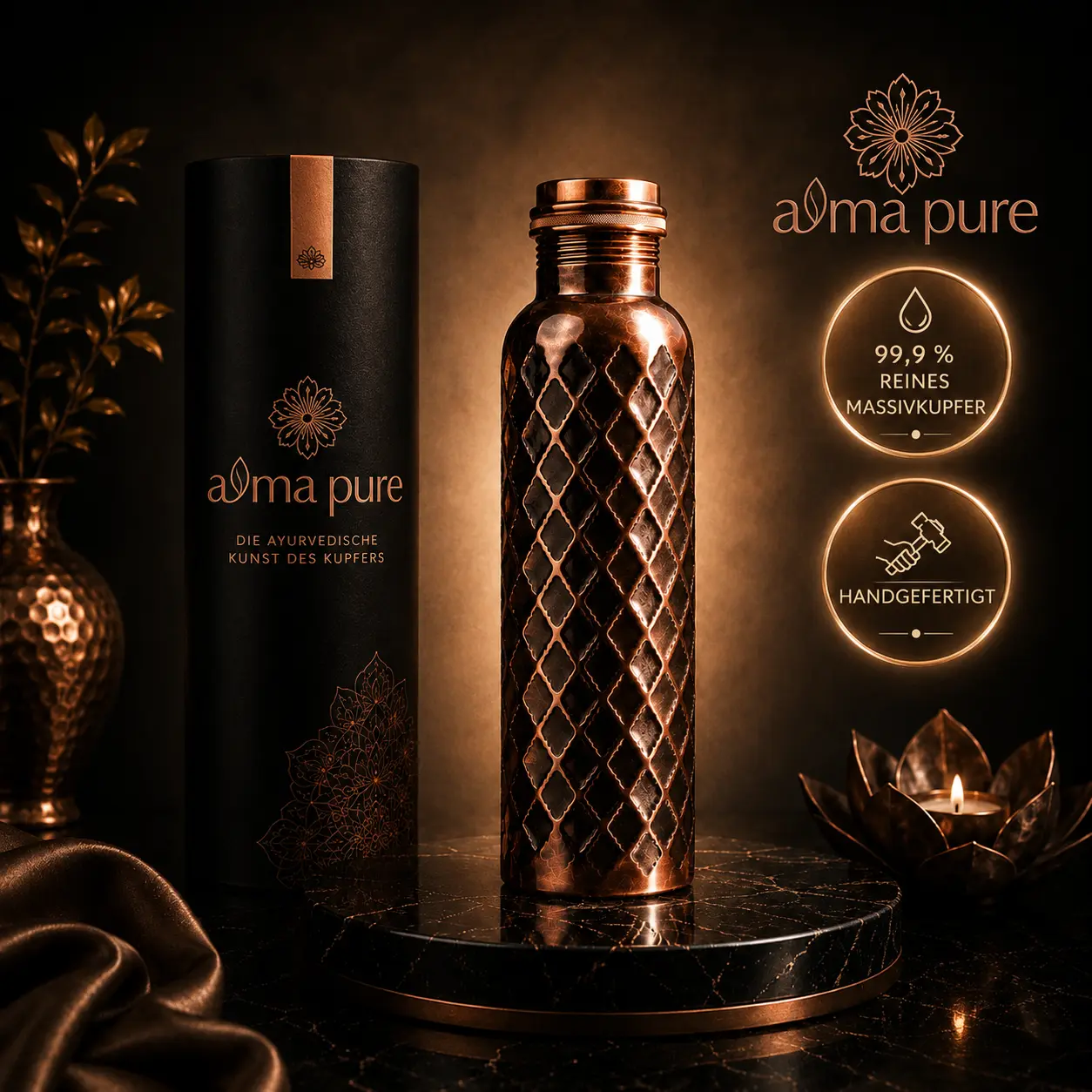 Alma Pure - Diamond-Kupferflasche – 99,9 % massives Reinkupfer