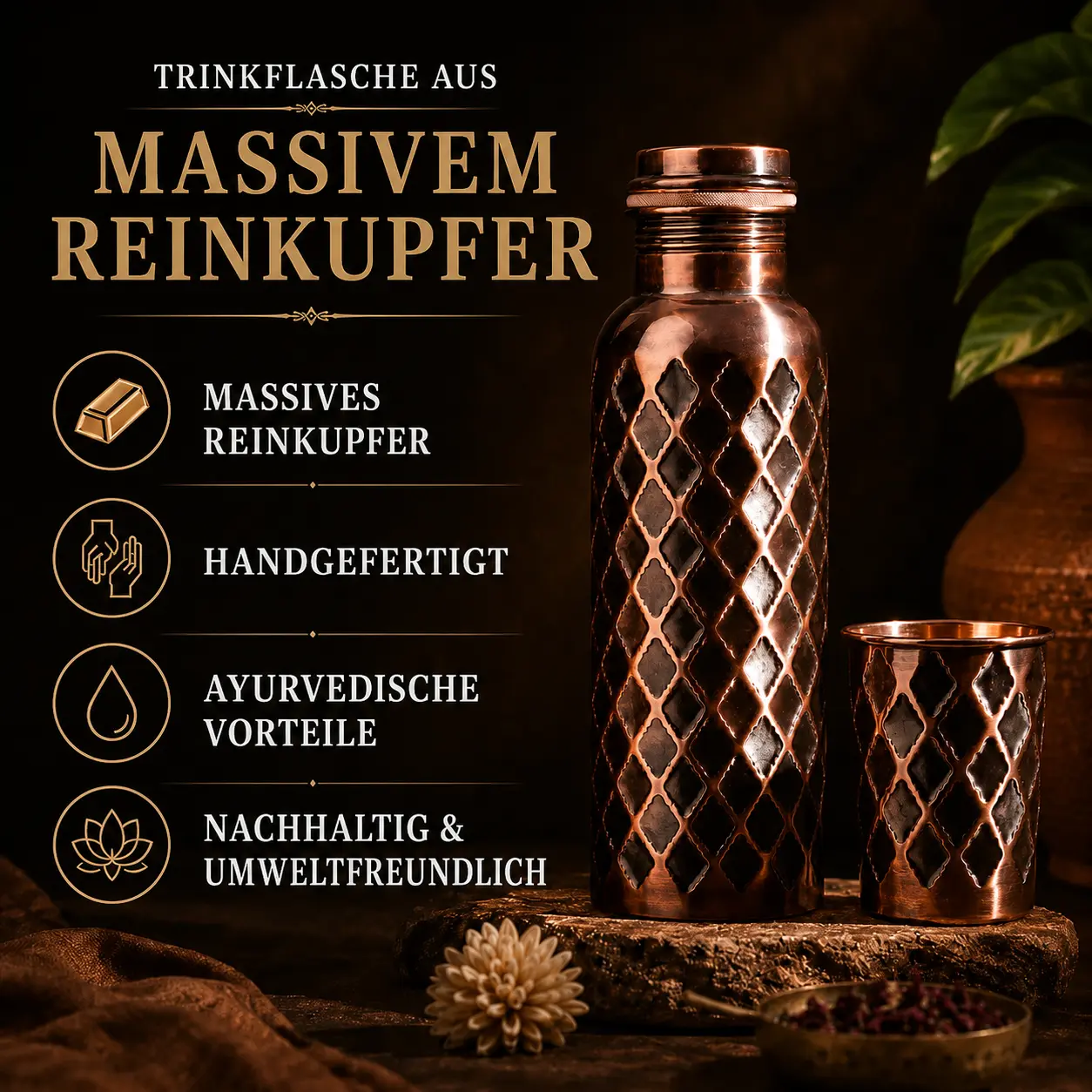 Alma Pure - Diamond-Kupferflasche – 99,9 % massives Reinkupfer
