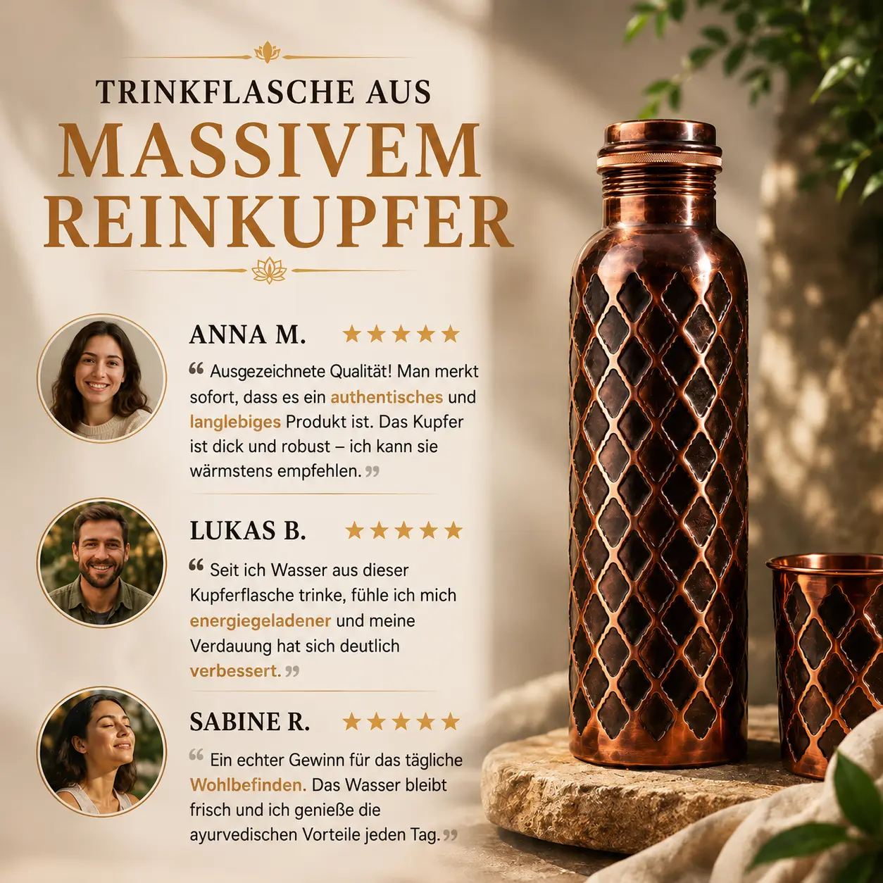 Alma Pure - Diamond-Kupferflasche – 99,9 % massives Reinkupfer