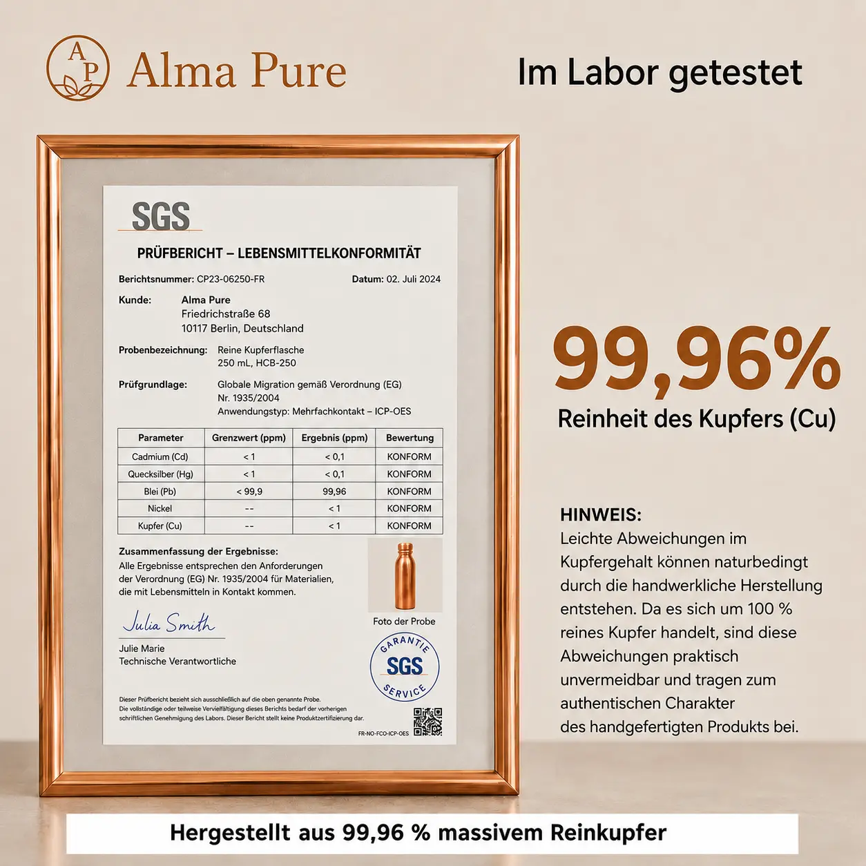 Alma Pure - Diamond-Kupferflasche – 99,9 % massives Reinkupfer
