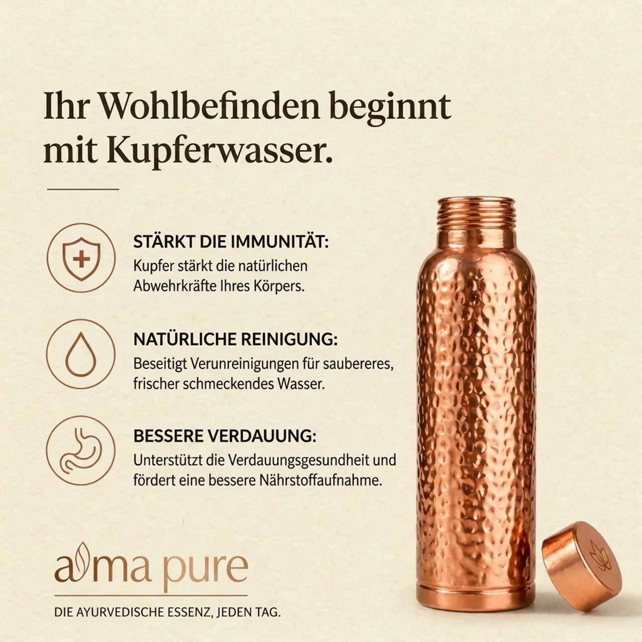 Alma Pure™- Kupferflasche Natuerlich Gereinigtes Wasser Plastikfrei
