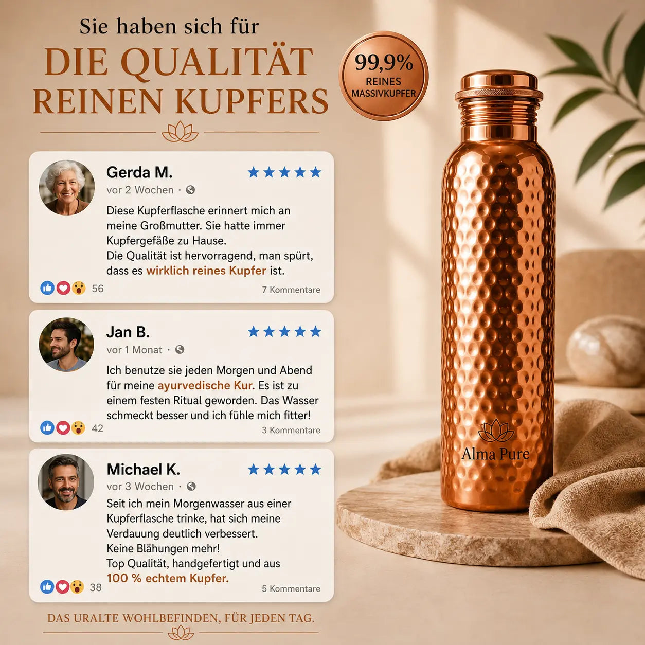 Alma Pure™ – Kupferflasche aus massivem Kupfer – Heritage Edition